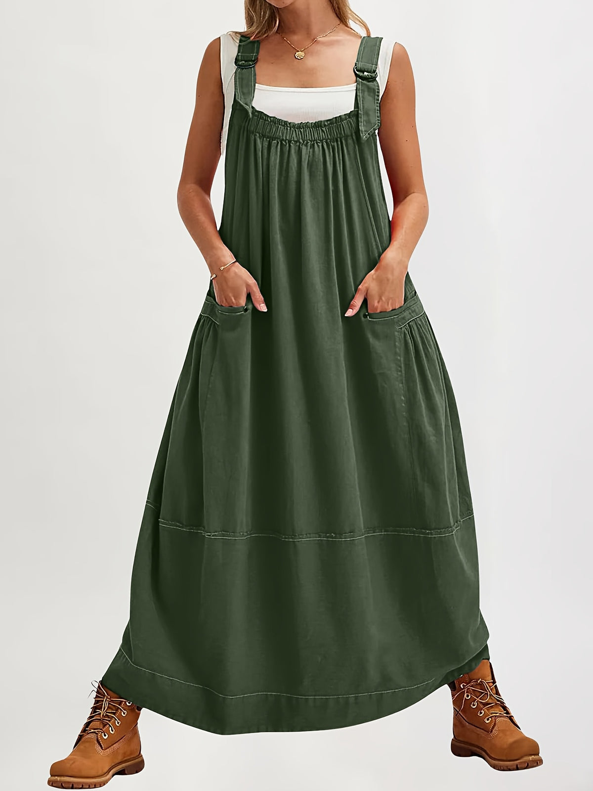 Overall Dress Women Loose Adjustable Strap Midi Length Big Pockets Workwear Casual Bib Jumper Dress Spring Summer S M L XL XXL