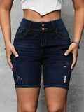 Women's Slim Fit Ripped Knee Stretch Denim Shorts Double Button Dark Blue Casual Summer