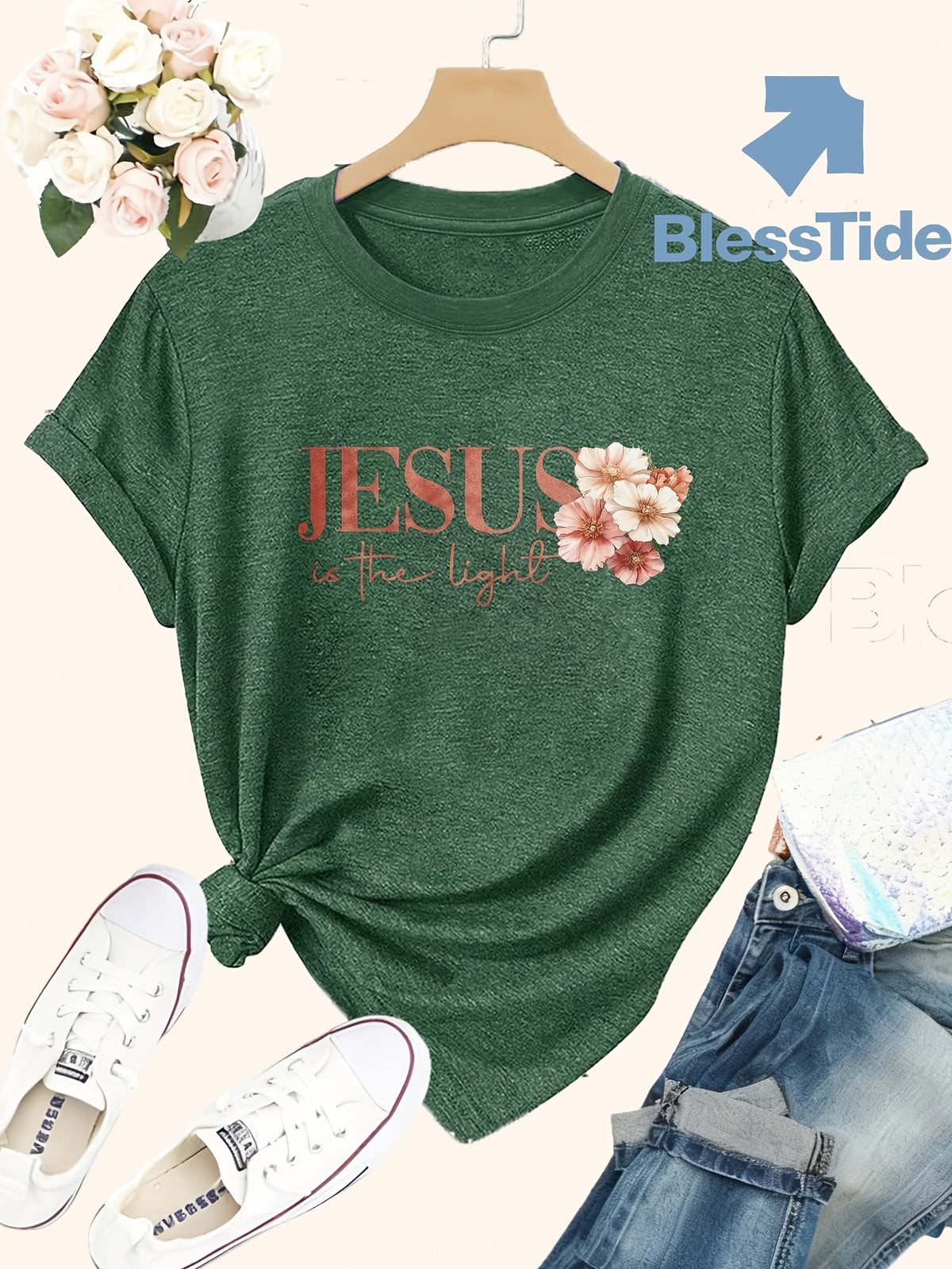 Jesus Floral Cross Double-Sided Print T-Shirt for Women - Faith Inspired Crew Neck Casual Christian Tee Summer Trendy Graphic Top