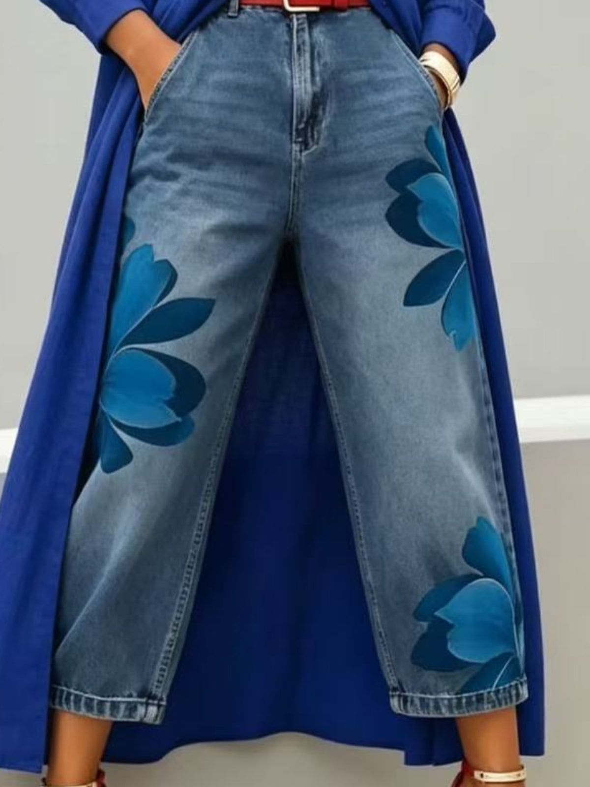Floral Print Denim Wide Leg Pants Women Loose Fit Summer Casual Comfortable Boho Beach Trousers S-XXL