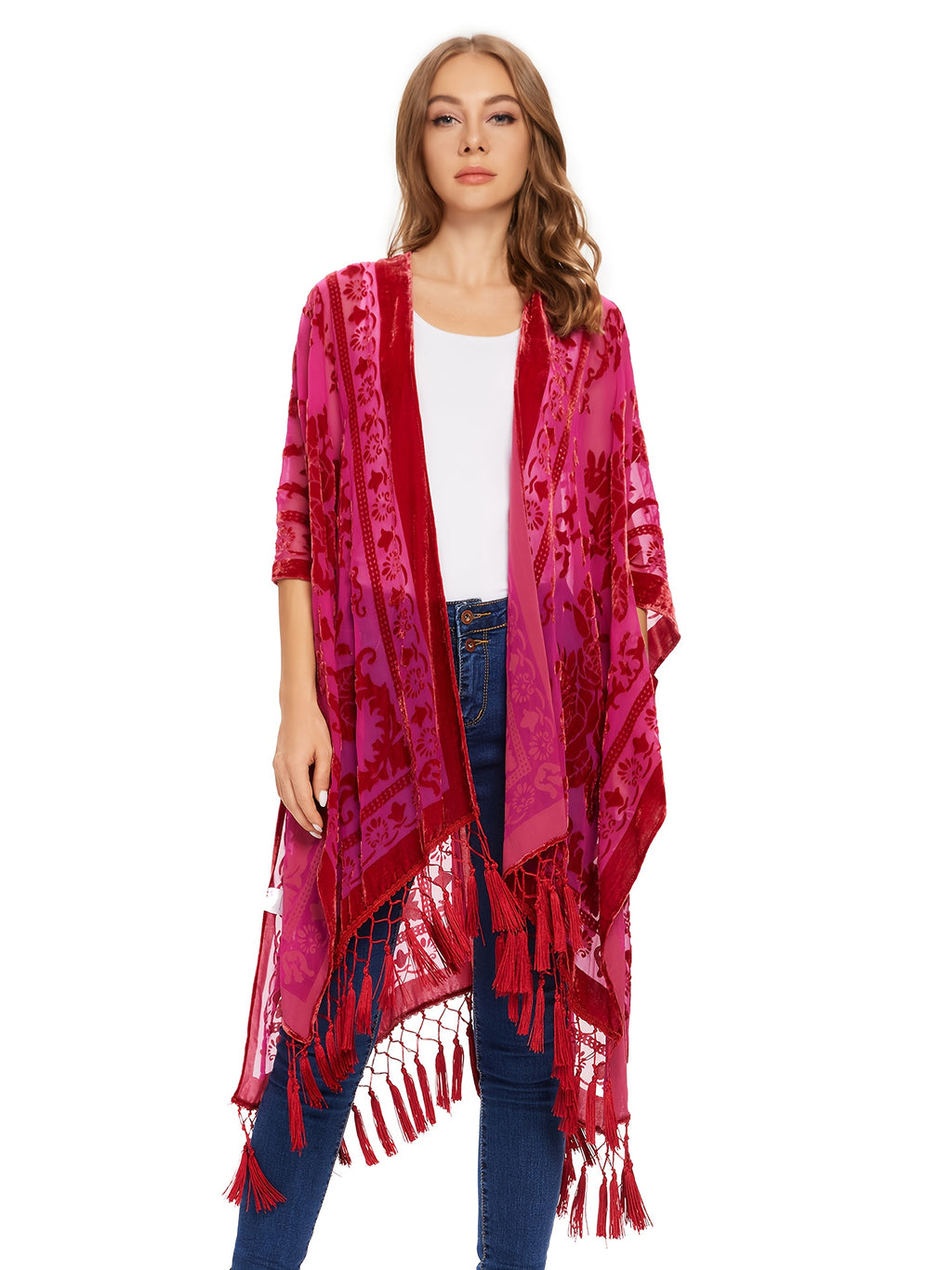 Boho Burnout Velvet Kimono Women Long Cardigan Cover Up Tassel Floral Embroidered One Size