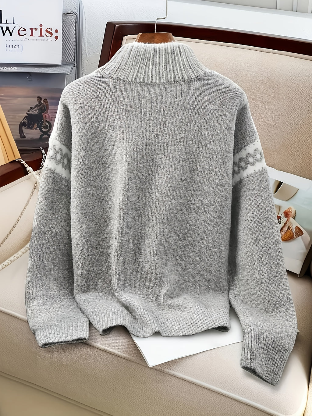 Women's Nordic Snowflake High Neck Sweater Loose Fit Gray Embossed Knit Turtleneck Pullover Warm Cozy Winter Layering Top Soft Casual