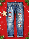 Ripped Christmas Santa Claus Print Straight Leg Jeans Women Casual Street Style Patch Denim Pants for Holiday