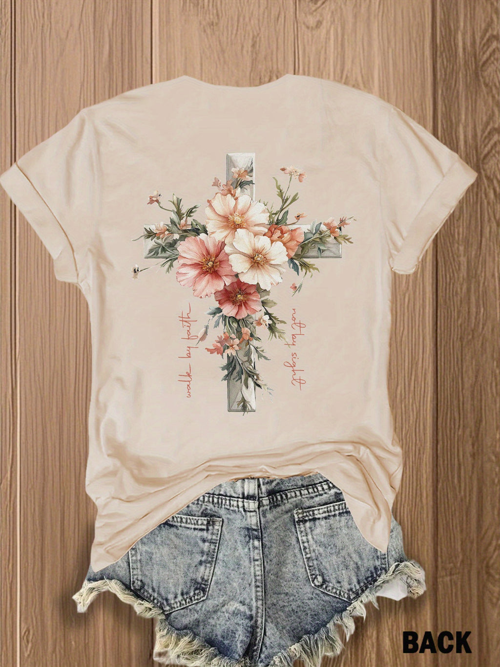 Jesus Floral Cross Double-Sided Print T-Shirt for Women - Faith Inspired Crew Neck Casual Christian Tee Summer Trendy Graphic Top