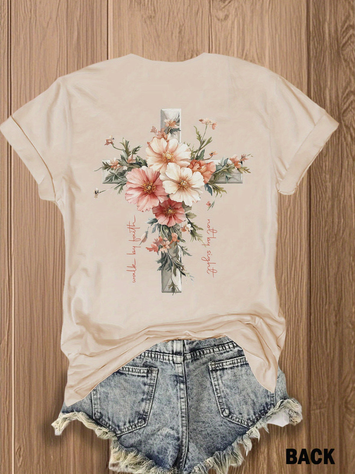 Jesus Floral Cross Double-Sided Print T-Shirt for Women - Faith Inspired Crew Neck Casual Christian Tee Summer Trendy Graphic Top