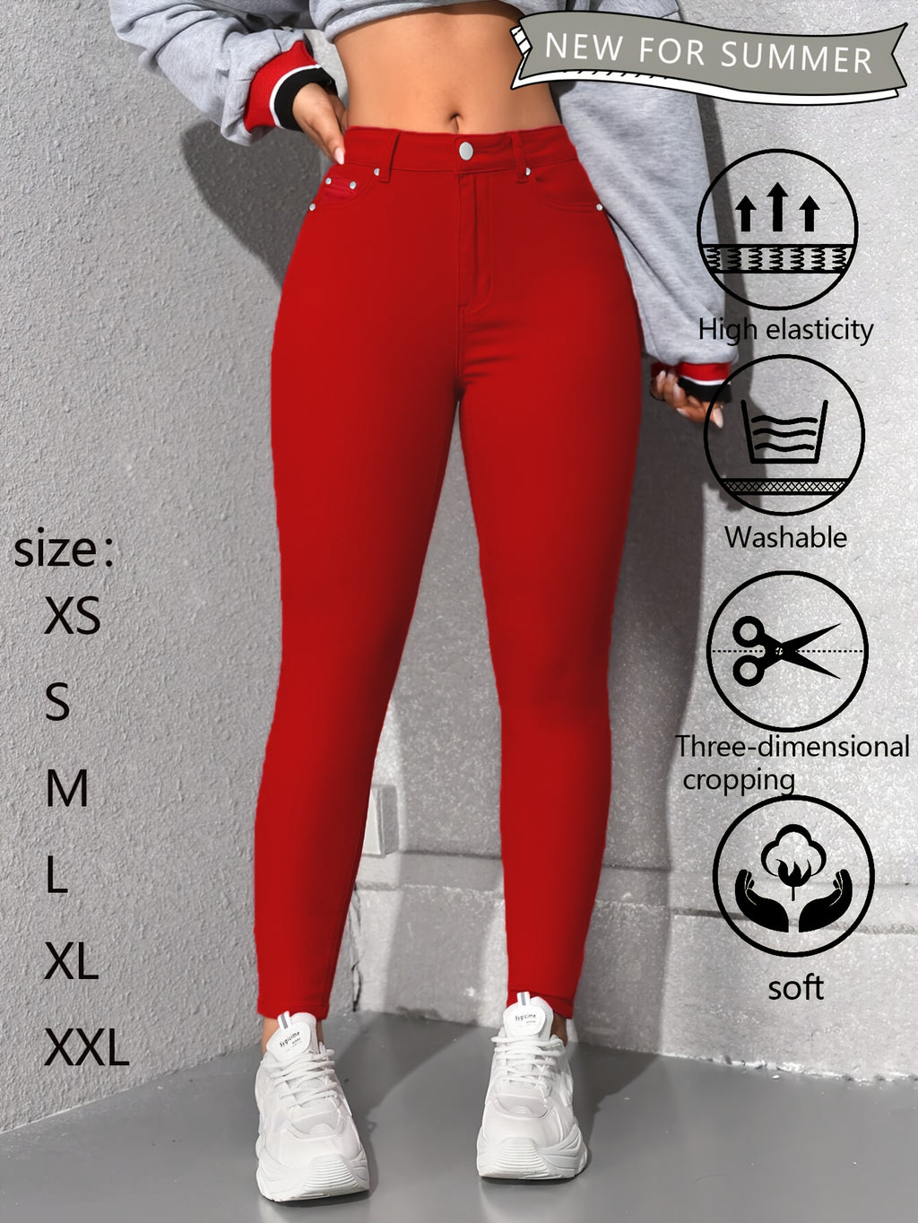Red High Waisted Skinny Jeans for Women – Rivet Detail Stretch Denim, Tummy Control Booty Lifting Slim Fit, Sizes S-XXL