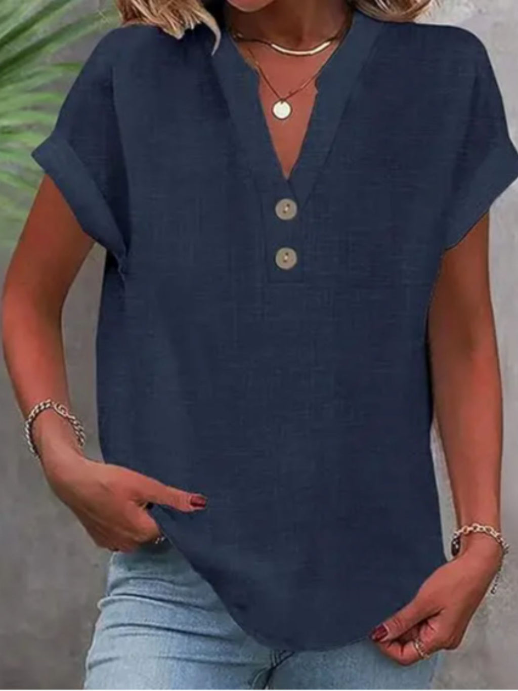V-Neck Button Placket Tee Women Solid Color Short Sleeve Casual Summer Top Lightweight Breathable 15 Colors S-XXL