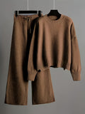 2pcs Sweater Set Women Seed Stitch Crewneck Drop Shoulder Long Sleeve Top Drawstring Wide Leg Pants Retro Autumn Lounge