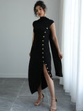 High Neck Sleeveless Maxi Dress Women Shawl Collar Side Split Solid Color A-Line Floor Length Wrinkle Resistant Casual Formal Dress S-XXL
