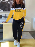 Women's Blessing Print 2pcs Set Contrast Color Crew Neck Long Sleeve Top Pants Suit Casual Outfit S-XXL