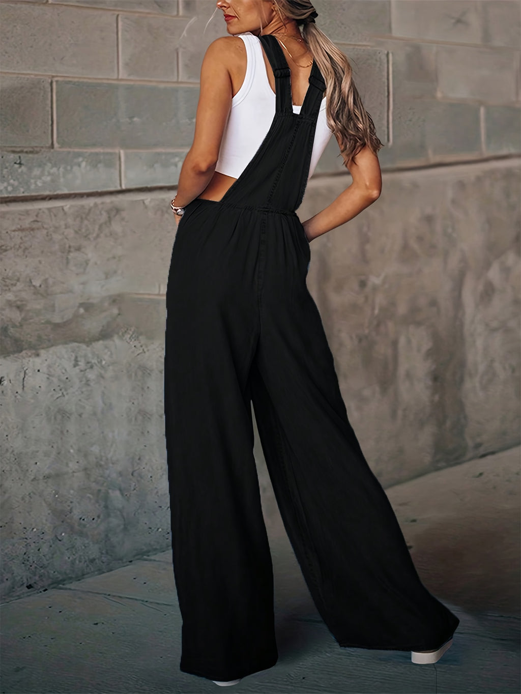Women's Wide-Leg Denim Overall Pants Adjustable Shoulder Straps Large Pockets Loose Casual S-XXL