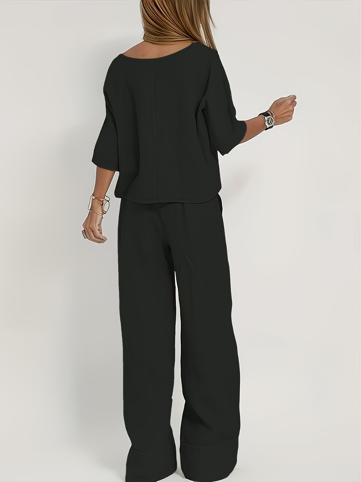 Women Elegant 2 Piece Set Short Sleeve Top High Waist Pants Suit Solid Color Matching Outfit Business Casual Chic Co-ord for Work Summer Spring