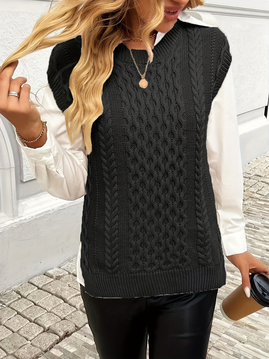 Cable Knit Sweater Vest Women Sleeveless Round Neck Slit Hem Solid Color Layering Top - Casual Semi-Formal Acrylic Knitwear Spring Summer Fall