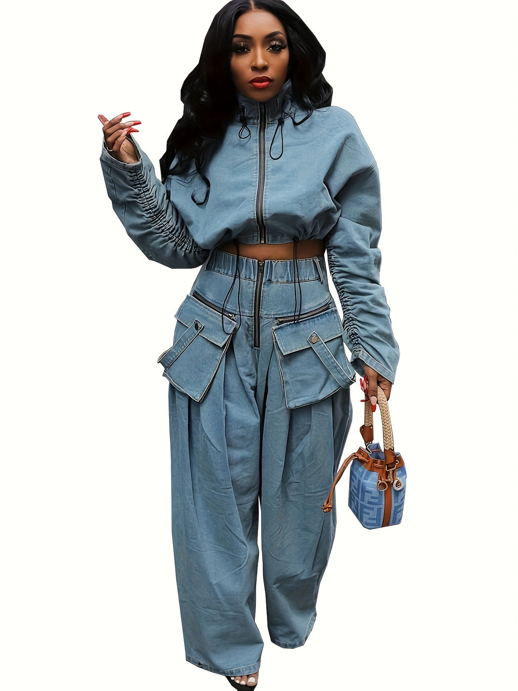 Denim 2-Piece Set Women Ruched Zip-Up Cropped Jean Jacket Wide Leg Pants Chic Matching Outfit Black Sky Blue S-XXL