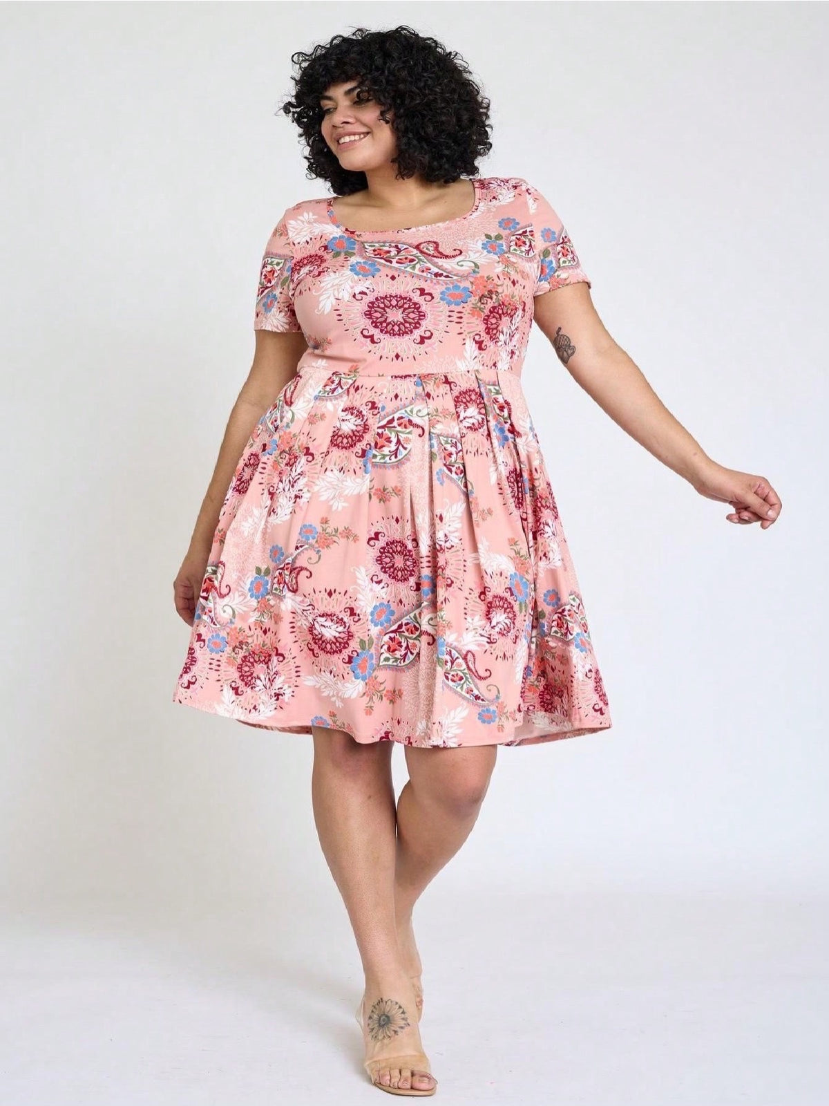 Paisley Floral Swing Dress Women Chevron Stripe Patchwork Pleated Square Neck Elastic Waist Midi Casual Plus Size S-3X