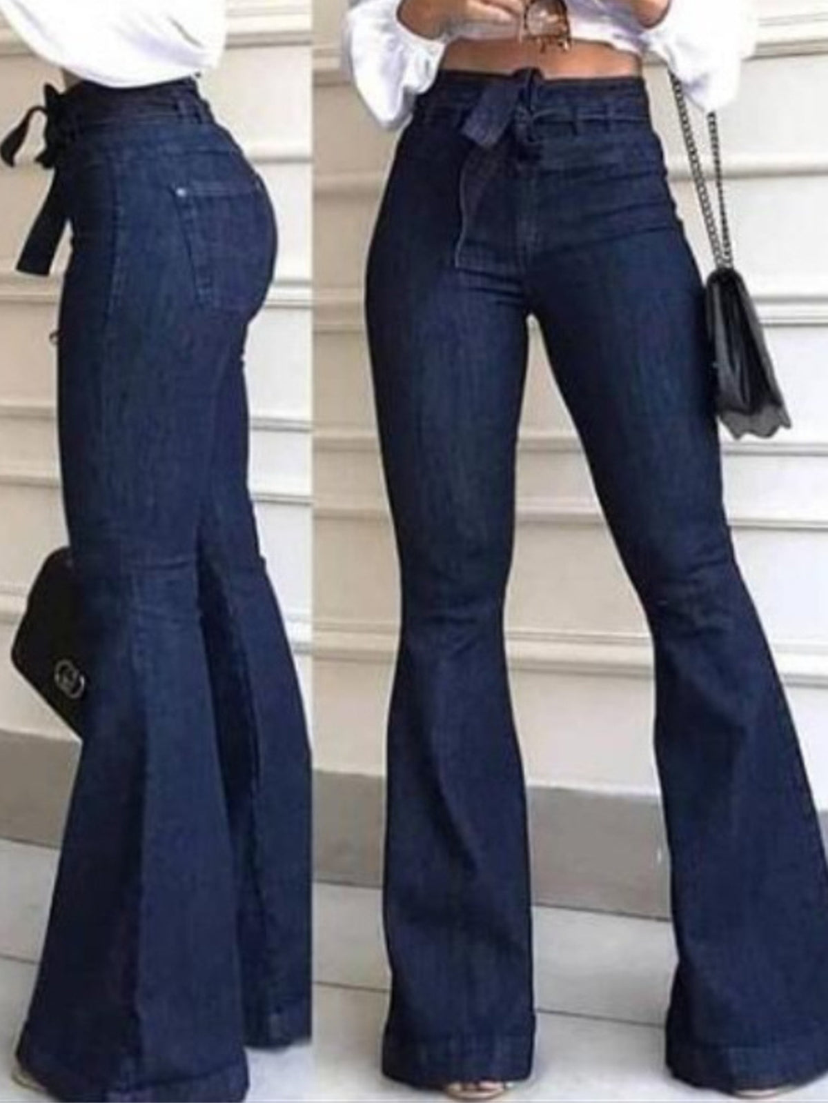High Waist Flared Wide Leg Jeans Women Retro 70s Style Ripped Elastic Waistband Belt Accent Loose Fit Casual Cocktail Party Blue S-XXL