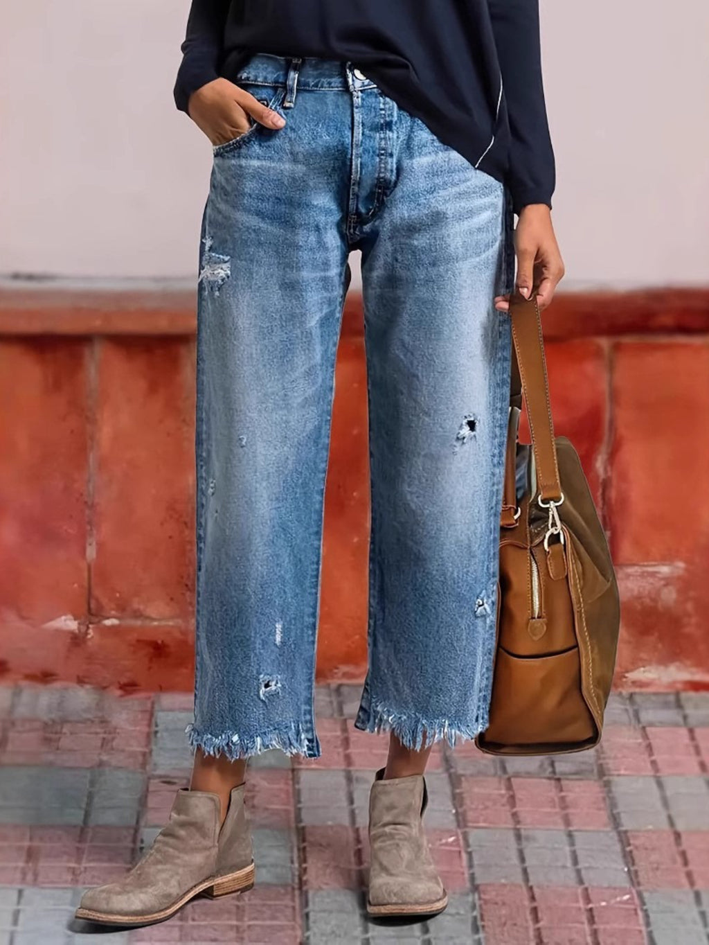 Tassel Hem Slim Jeans for Women Casual Straight Leg Blue Denim Pants All-Match Fringe Trouser Legs Everyday Fashion S-XXL