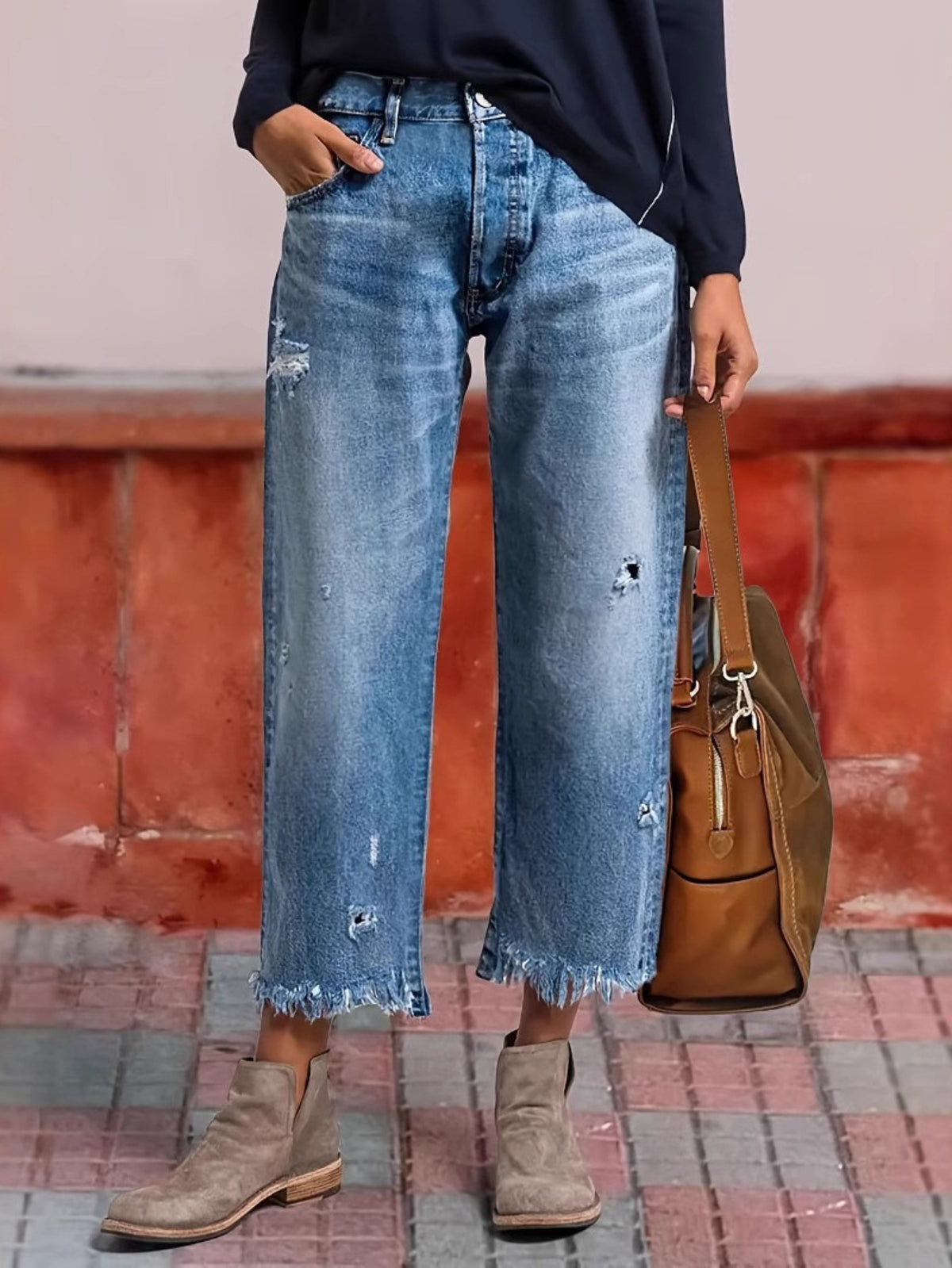 Tassel Hem Slim Jeans for Women Casual Straight Leg Blue Denim Pants All-Match Fringe Trouser Legs Everyday Fashion S-XXL