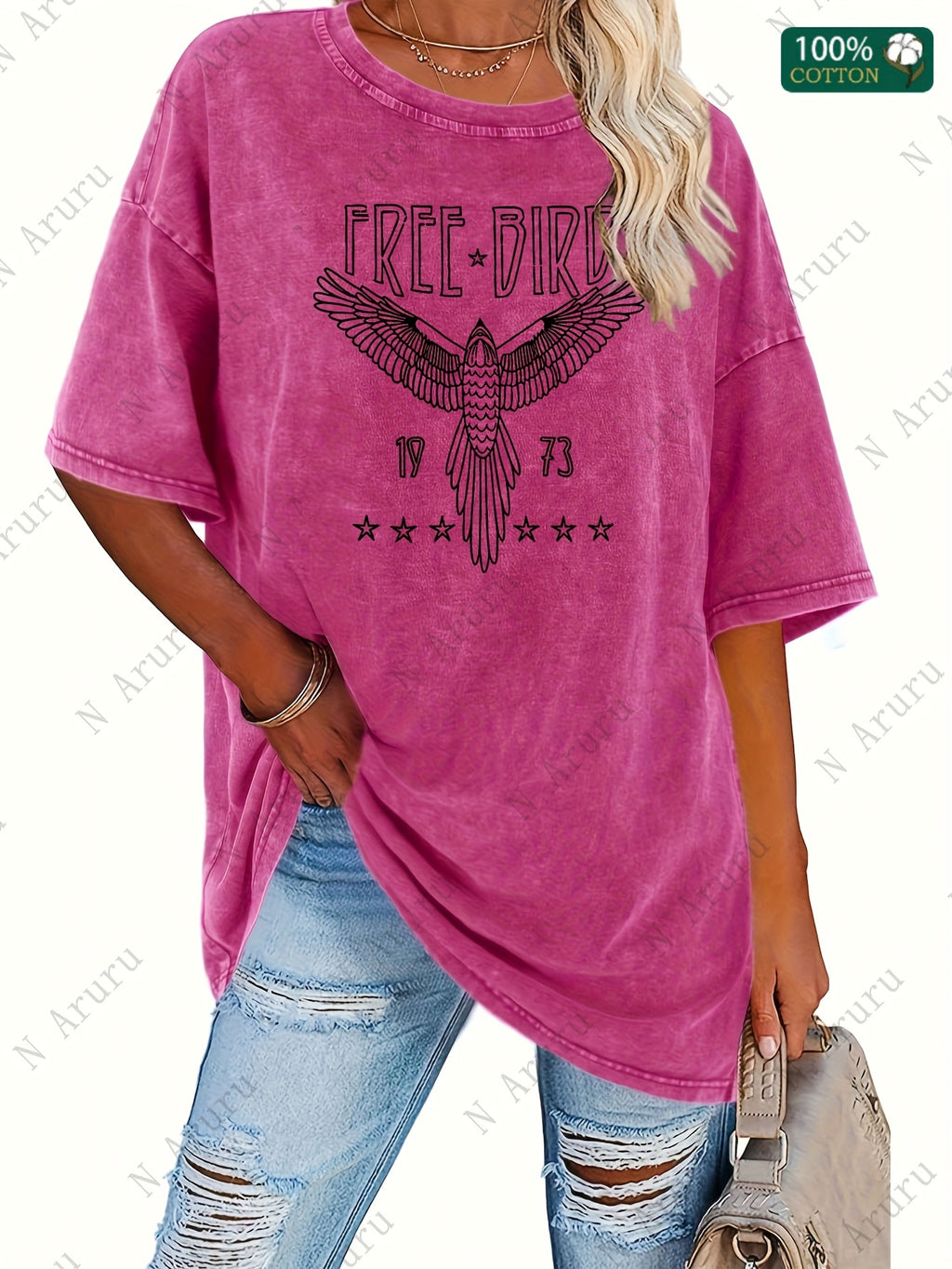 Women's Free Bird Graphic T-Shirt Washed Retro Round Neck Short Sleeve Thick 230g Street Style Casual Tee