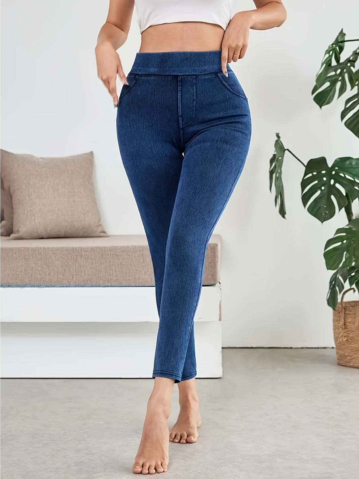 Women's High-Waisted Slim Elastic Pencil Jeans Yoga Pants Navy Black Light Blue All Season