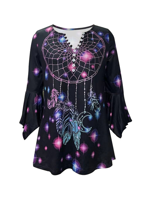 Colorful Print Button V-Neck Blouse Women Irregular Sleeve Knit Stretch Top Spring Autumn Casual S-XXL Black