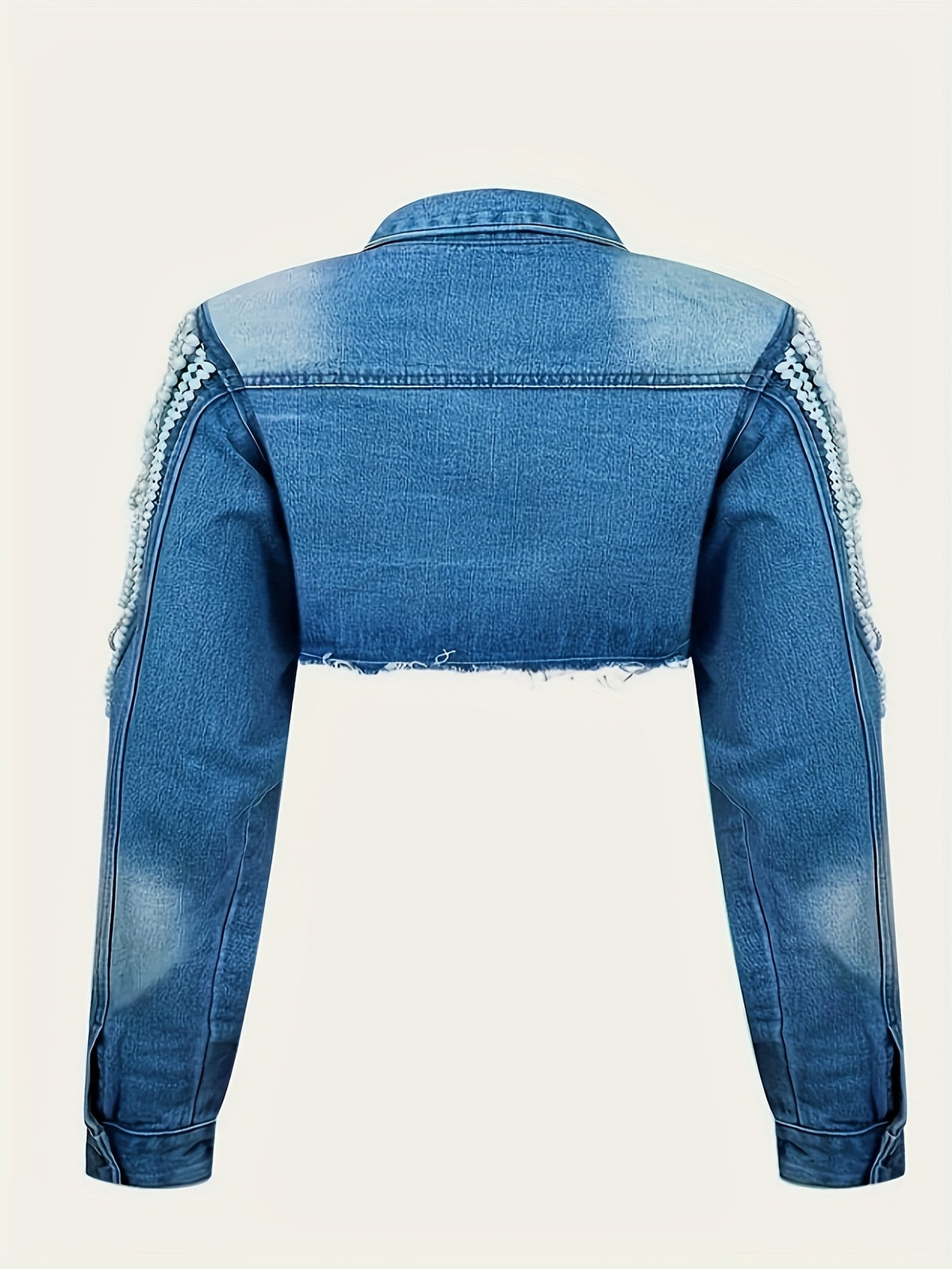 Women's Pearl Decorated Denim Jacket A-Line Waist-Hugging Short Coat Square Neck Vintage Retro Washed Loose Jean Outerwear Spring Fall