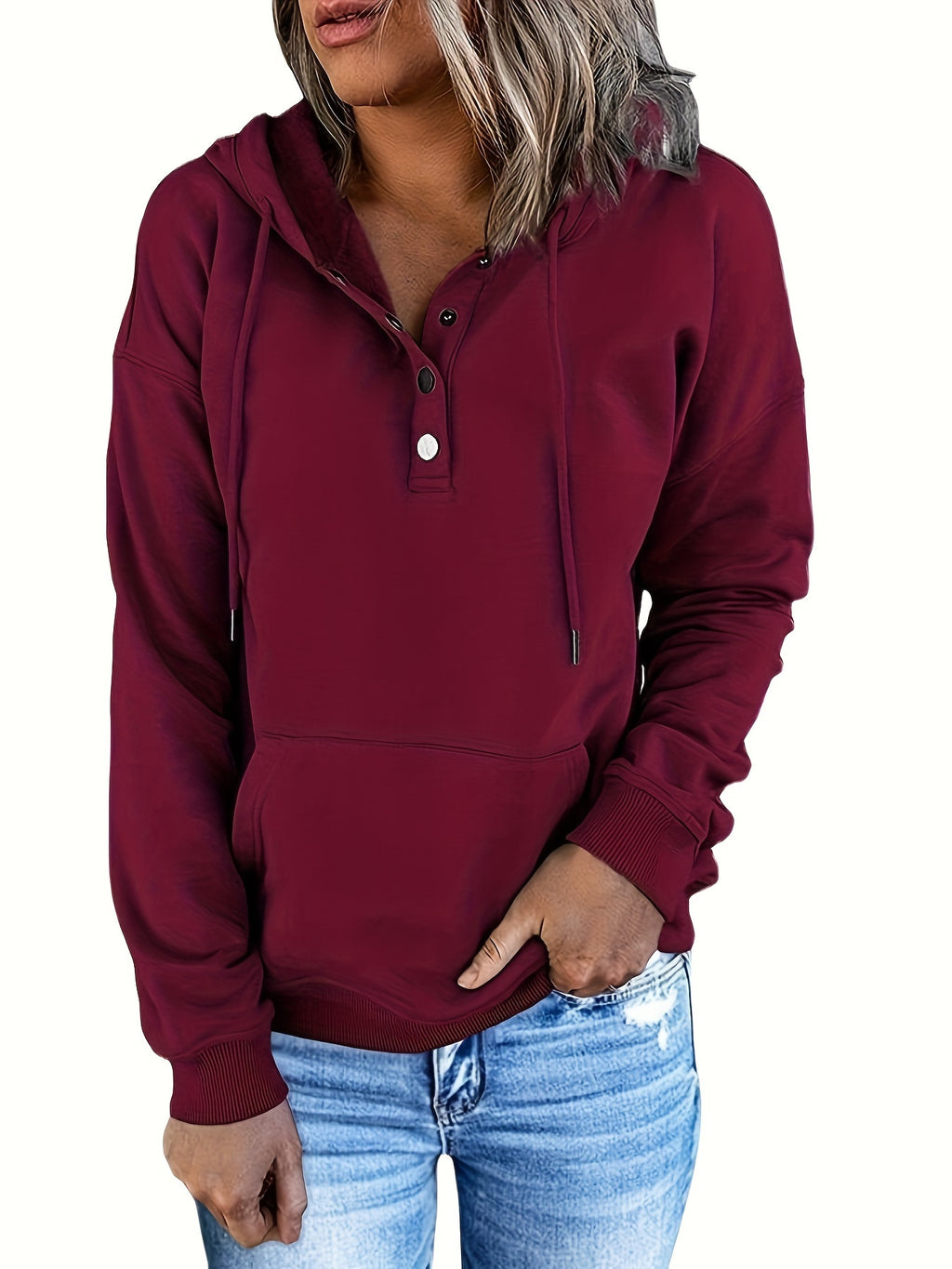Women Oversized Button Hoodie Sweatshirt Long Sleeve Kangaroo Pocket Ribbed Cuff Casual Pullover Black Grey Burgundy Apricot S-XXL