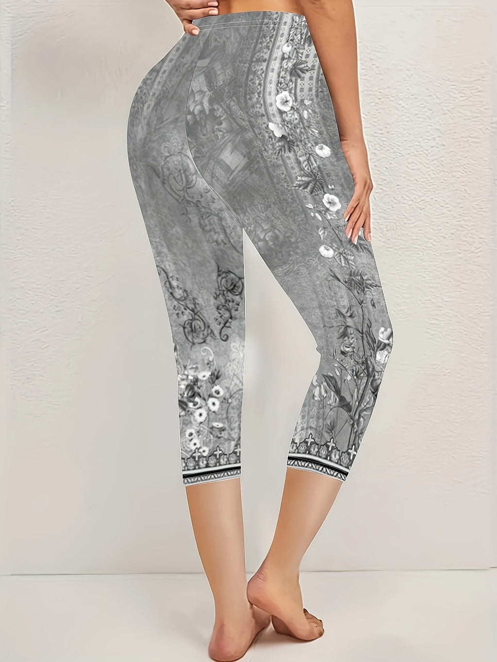 Women Dark Gray Floral Print Capri Leggings Stretch Knee Length Spring Summer Fall S-XXL