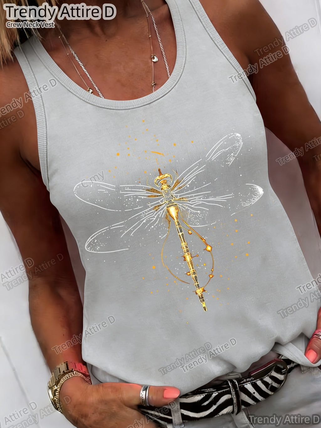 Retro Dragonfly Print Crew Neck Short Sleeve Top Women Casual Loose Fit Tee Multi-Color All Season S-XXL
