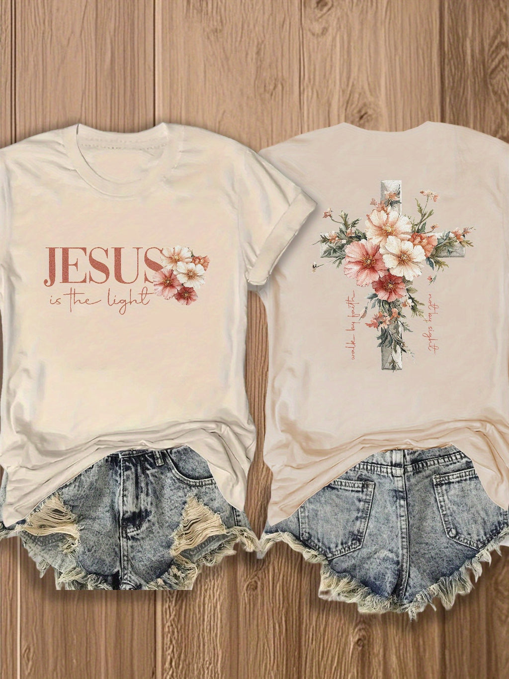 Jesus Floral Cross Double-Sided Print T-Shirt for Women - Faith Inspired Crew Neck Casual Christian Tee Summer Trendy Graphic Top