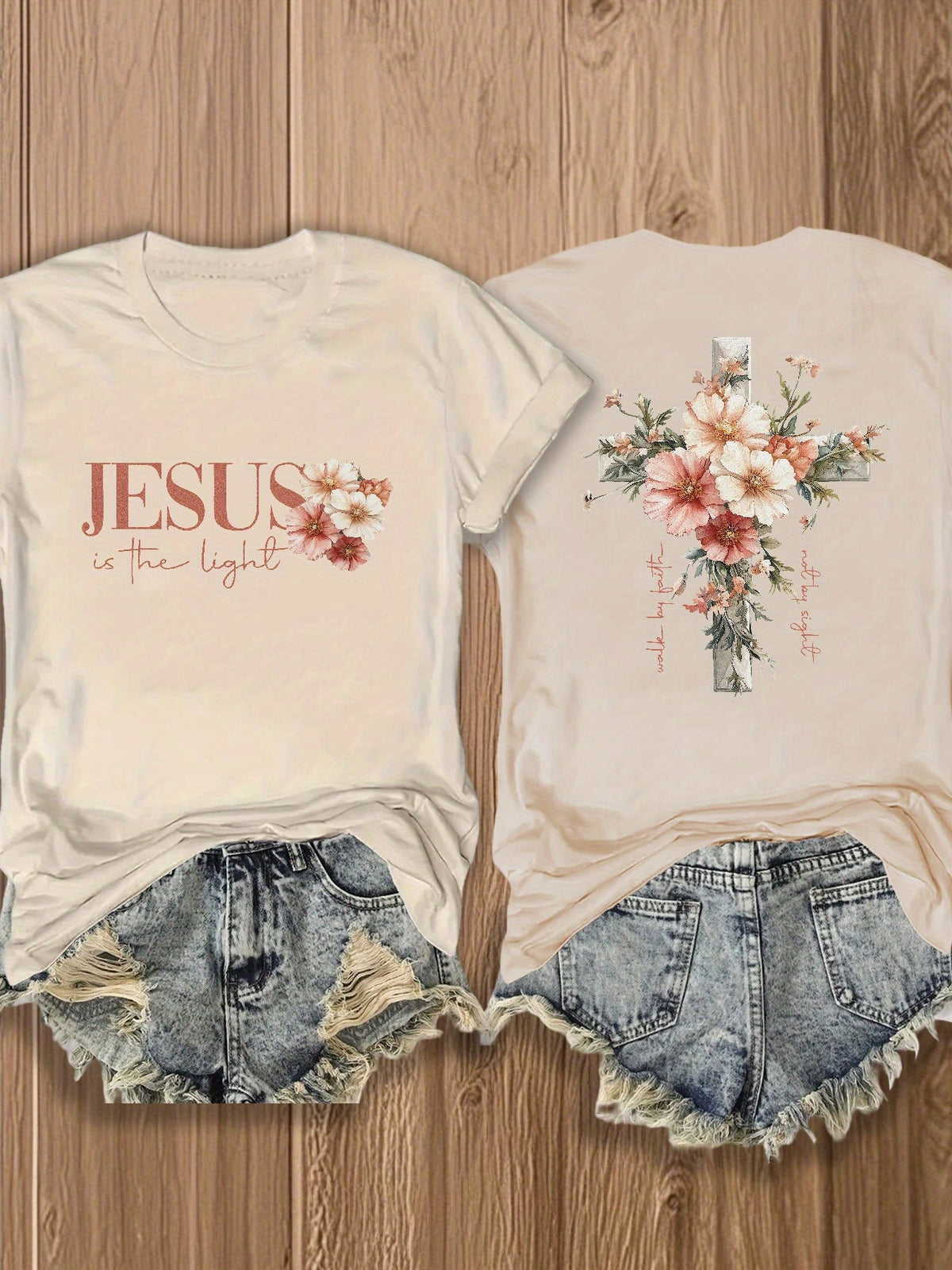 Jesus Floral Cross Double-Sided Print T-Shirt for Women - Faith Inspired Crew Neck Casual Christian Tee Summer Trendy Graphic Top