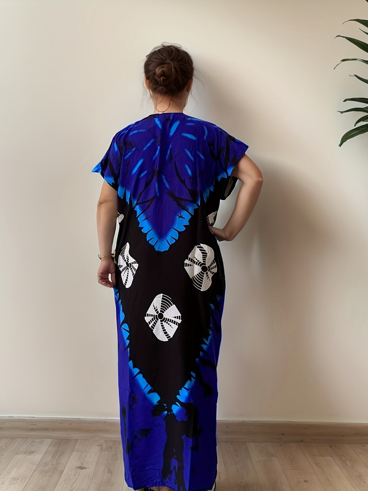 Kaftan Dress Women Floral Print Long Sleeve Embroidered Middle Eastern Ramadan Maxi Dress Straight Cut One Size