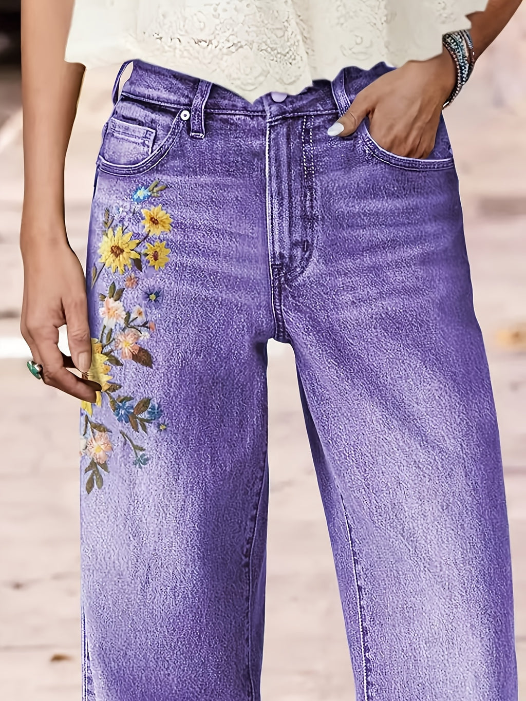 Women's High-Waisted Washed Embroidered Straight Leg Jeans Stretch Beltless Light Blue Purple All Season