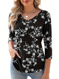 Random Floral Print V-Neck Blouse Women 3/4 Sleeve Versatile Basic Top Casual Elegant Spring Summer Fall S-XXL