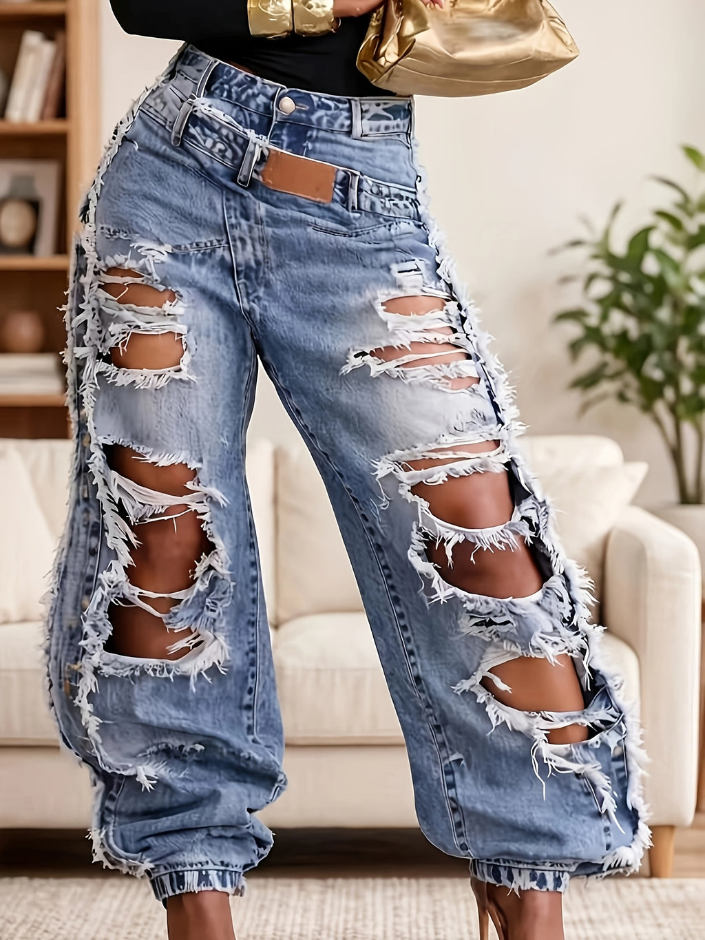 Women's High-Waisted Ripped Jeans Cuffed Hem Street Style Light Blue XL XXL