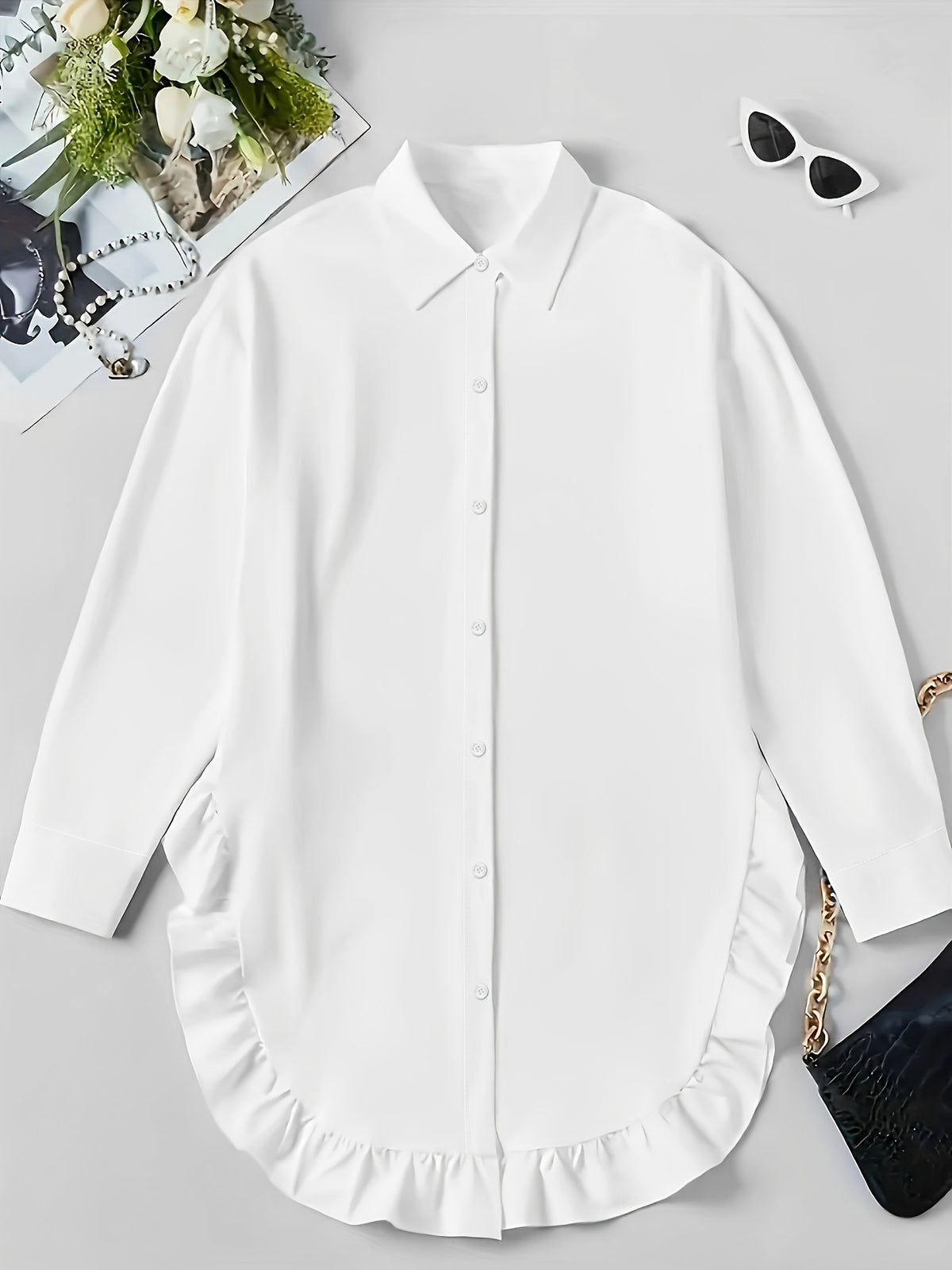 Ruffle Shirt Women Loose Oversized Frill Detail Casual Elegant Blouse Spring Summer Office Top S M L XL XXL