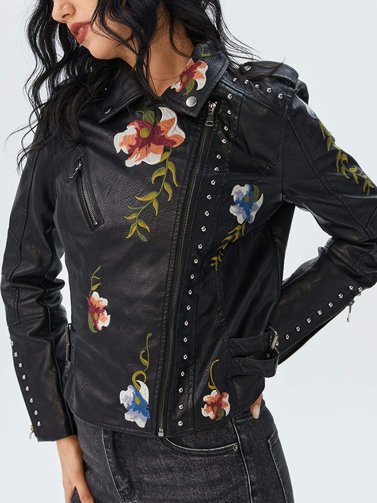 Floral Faux Leather Moto Jacket for Women PU Biker Coat Streetwear Casual Going Out