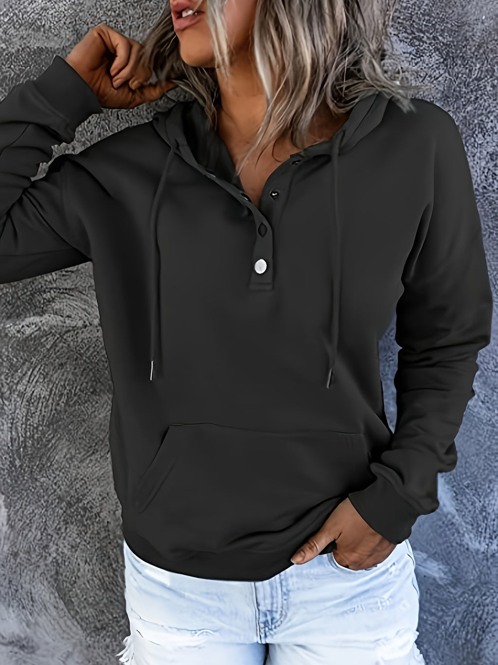 Women Oversized Button Hoodie Sweatshirt Long Sleeve Kangaroo Pocket Ribbed Cuff Casual Pullover Black Grey Burgundy Apricot S-XXL