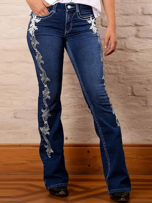 Boot Cut Jeans Women Dark Blue Printed Side Design Flare Denim Pants Casual Streetwear Y2K Fashion Bottom