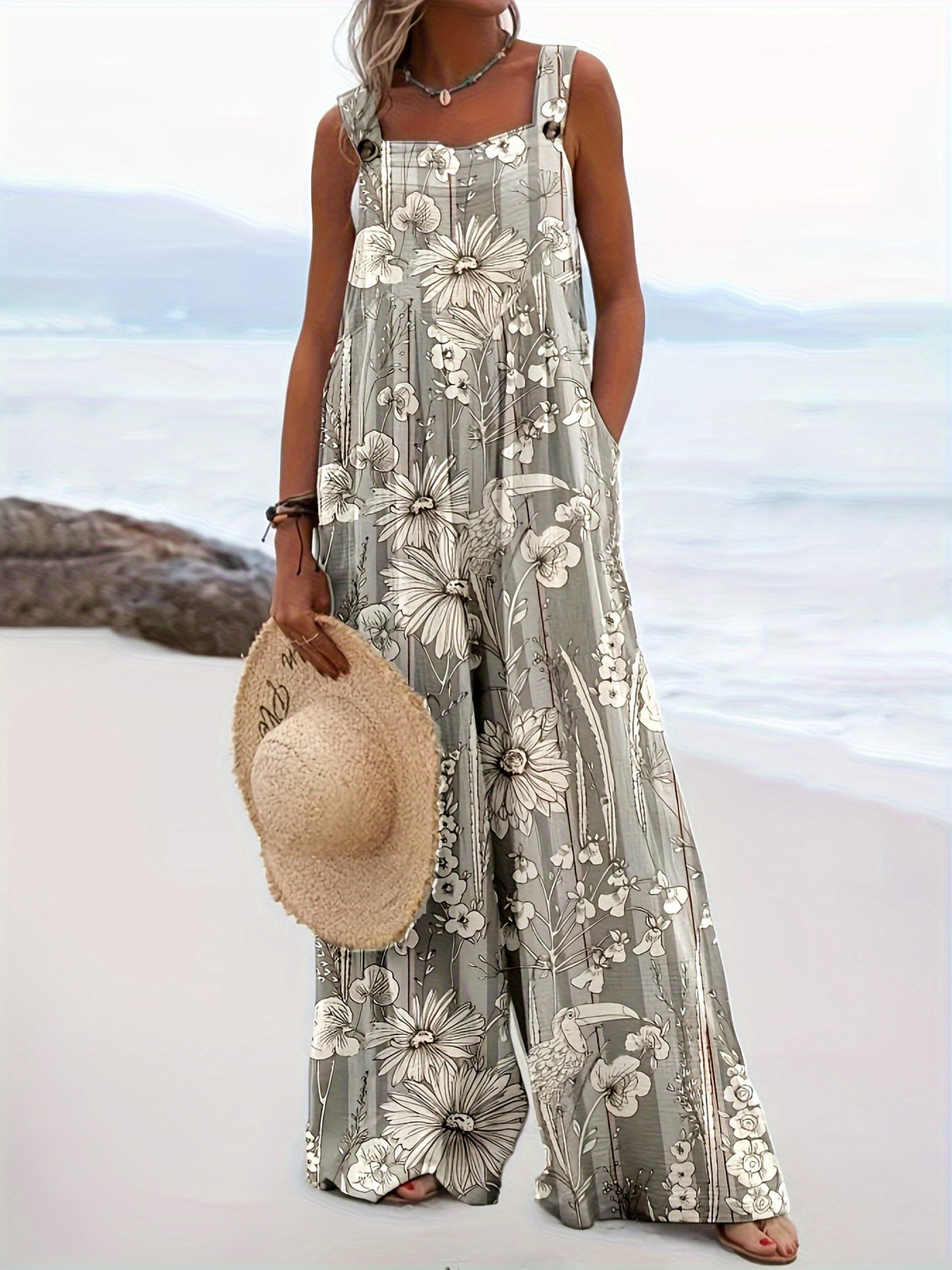 Women Floral Print Loose Jumpsuit Overall Romper Strappy Back Vacation Spring Summer Boho Casual S-XXL