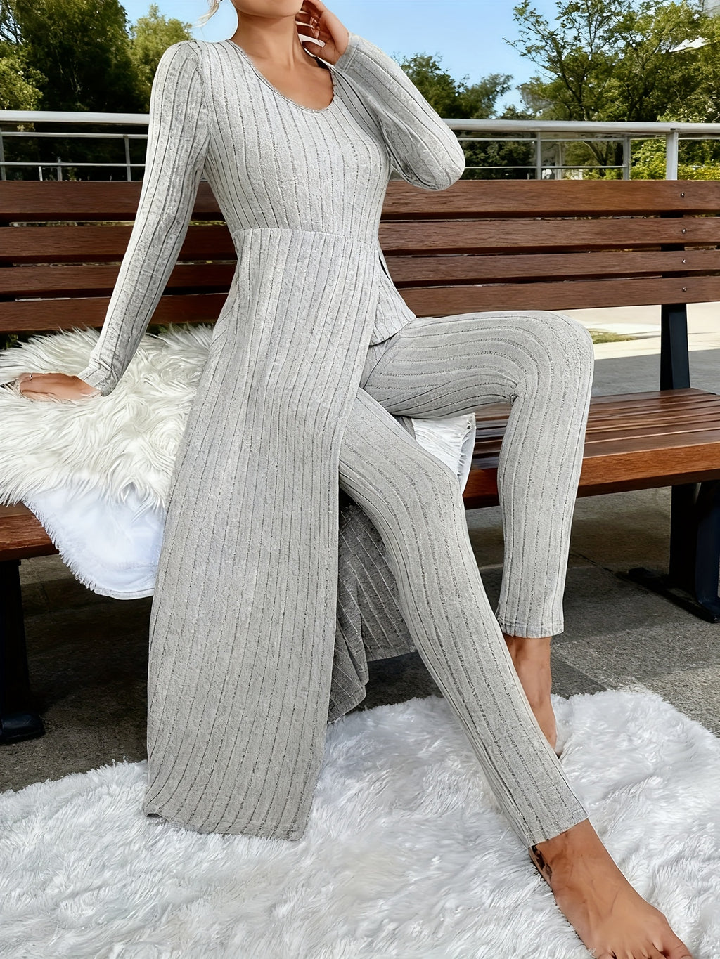 Heavyweight Fleece Lounge Set Women Oversized Long Sleeve Wide-Leg Pants Cozy Winter Two-Piece Ribbed Minimalist S-XL