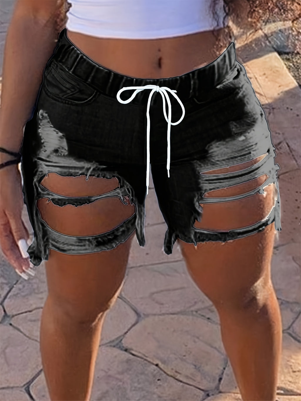 Ripped Denim Shorts for Women - Mid Waist Straight Leg Drawstring Waist Frayed Edge | Casual Summer Jean Shorts with Pockets | Black Blue Light Blue S-XL