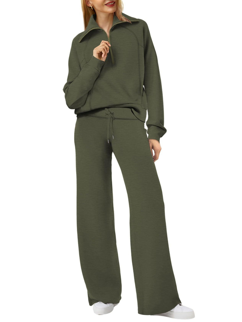 Zipper Sweatshirt Wide-Leg Pants 2 Piece Set Women Casual Tracksuit Outfit for Spring Fall - Loose Fit Jogger Co-ord Set
