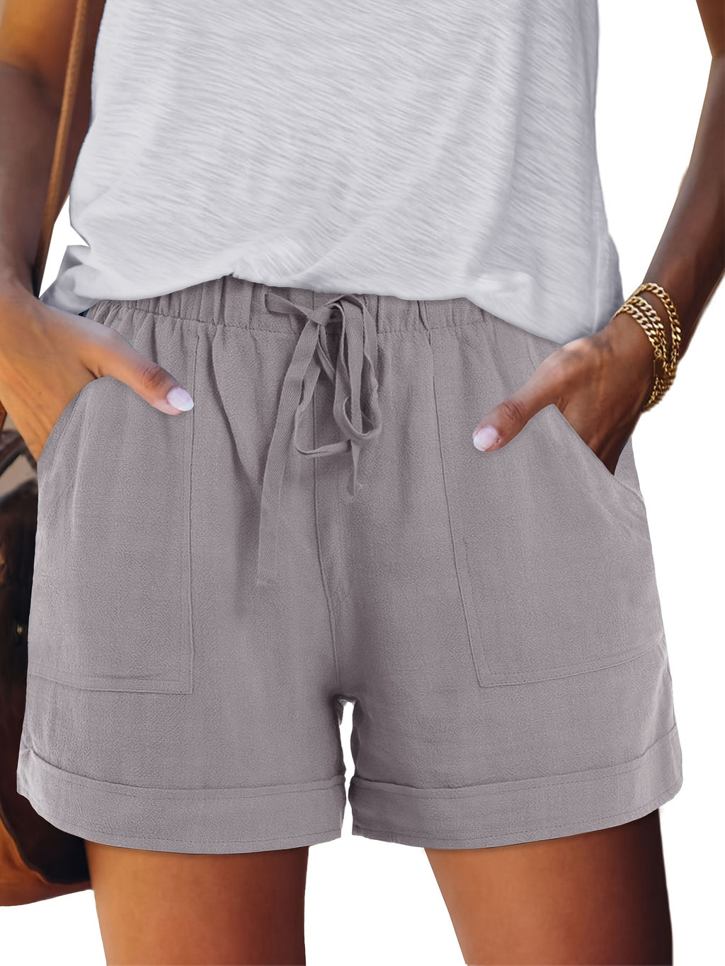 Women's Drawstring Elastic Waist Casual Shorts with Pockets Summer Beach Lightweight Loose Fit Short Pants Pure Color S-XXL