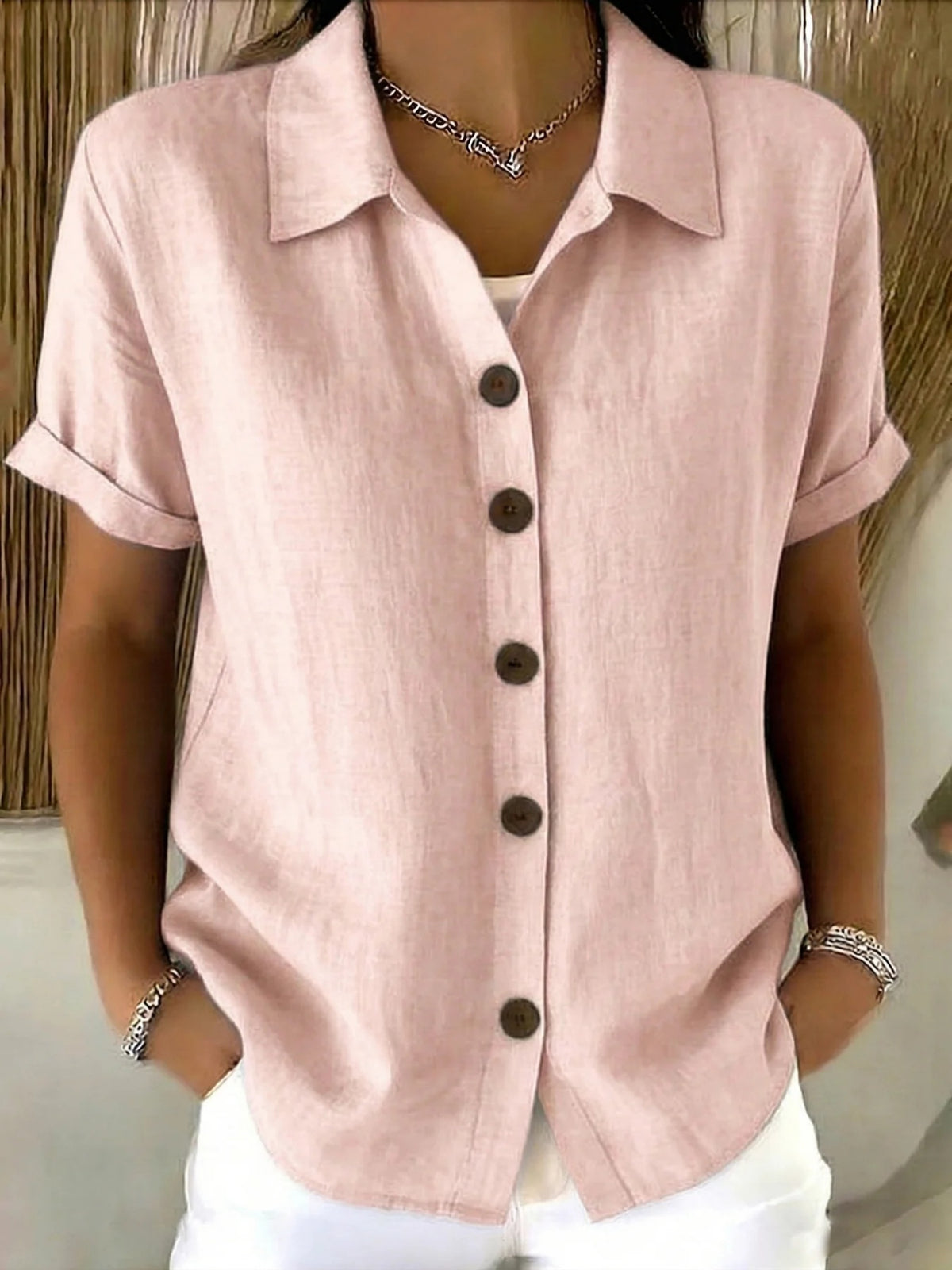 Button-Up Shirt Women Short Sleeve V-Neck Collar Blouse Business Casual Elegant Office Work Top S-XXL
