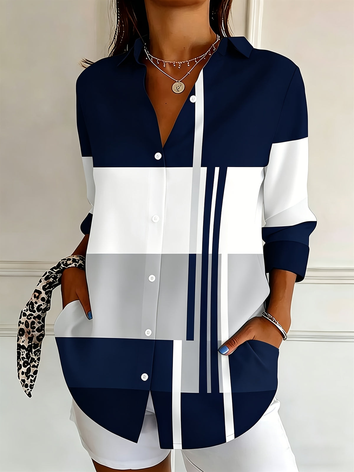 Color Block Button Blouse Long Sleeve Office Work Shirt Women Lightweight Striped Elegant Top