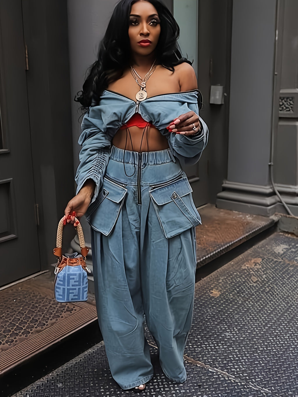 Denim 2-Piece Set Women Ruched Zip-Up Cropped Jean Jacket Wide Leg Pants Chic Matching Outfit Black Sky Blue S-XXL