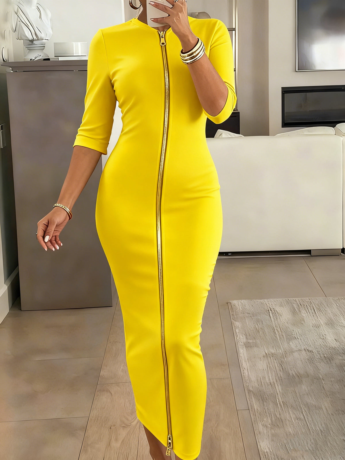 Women's Slim Fit Boat Neck Zipper Dress Short Sleeve Elegant Mid-Length Casual Dress Spring Summer Autumn