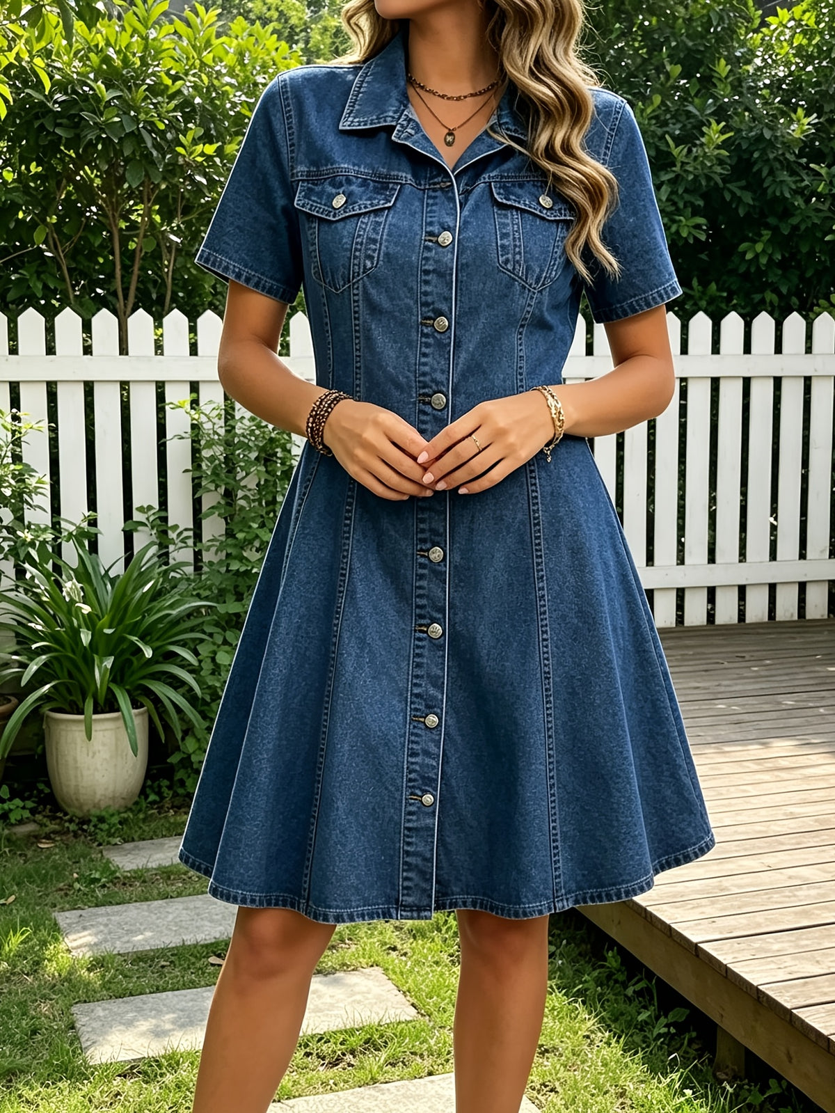 A-Line Denim Mini Dress Women Retro Polo Collar Short Sleeve Figure-Hugging Casual Dress Medium Blue S-XXL