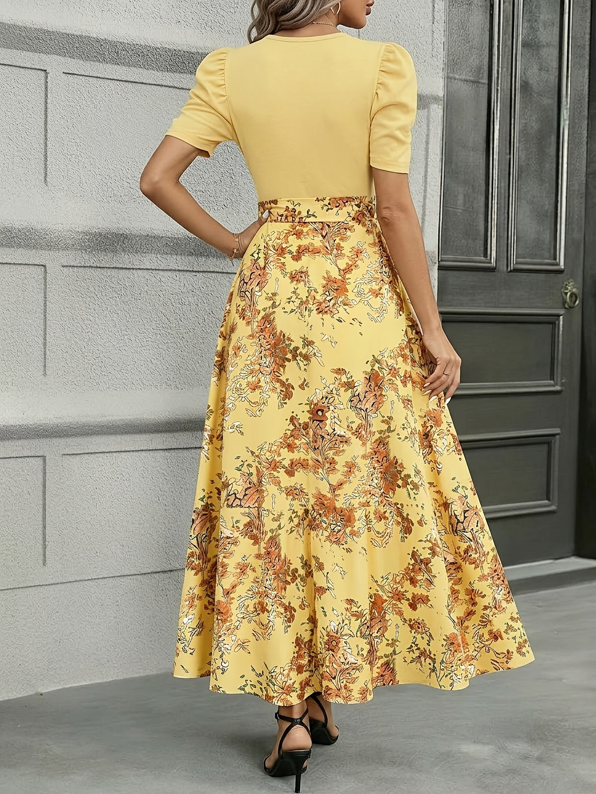 Floral Cinched Waist Long Maxi Dress Women Crew Neck Fitted Elegant Casual Dress for Business Afternoon Tea S-XXL
